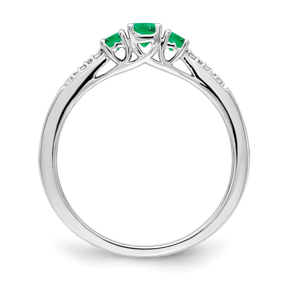 14k White Gold Emerald and Real Diamond 3-stone Ring