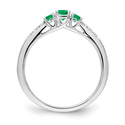 14k White Gold Emerald and Real Diamond 3-stone Ring