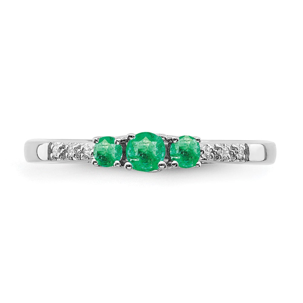 14k White Gold Emerald and Real Diamond 3-stone Ring