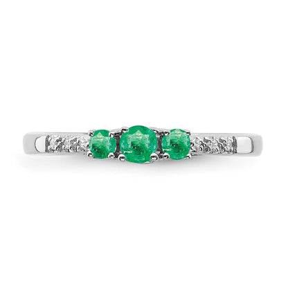 14k White Gold Emerald and Real Diamond 3-stone Ring