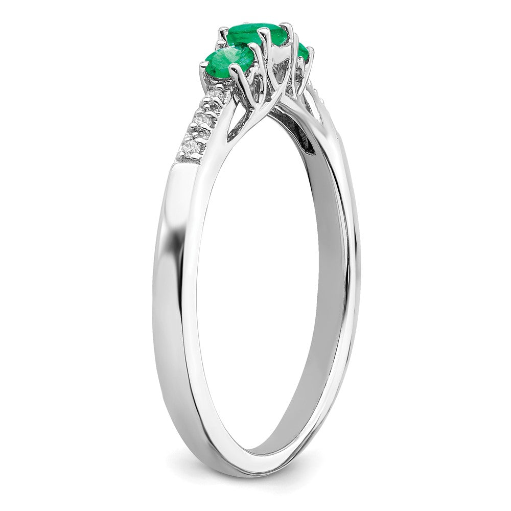 14k White Gold Emerald and Real Diamond 3-stone Ring