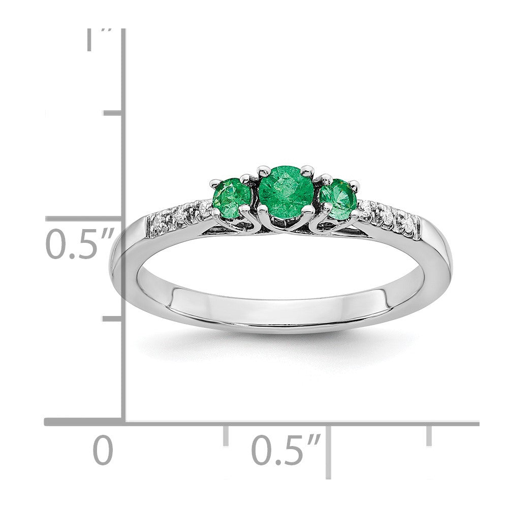 14k White Gold Emerald and Real Diamond 3-stone Ring