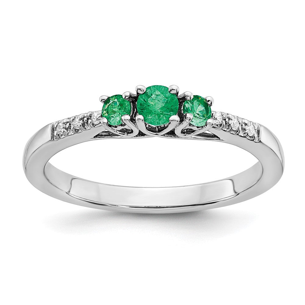 14k White Gold Emerald and Real Diamond 3-stone Ring