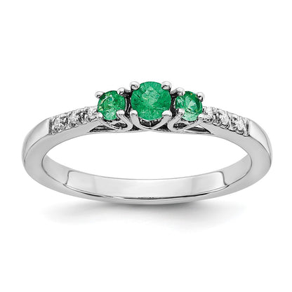 14k White Gold Emerald and Real Diamond 3-stone Ring