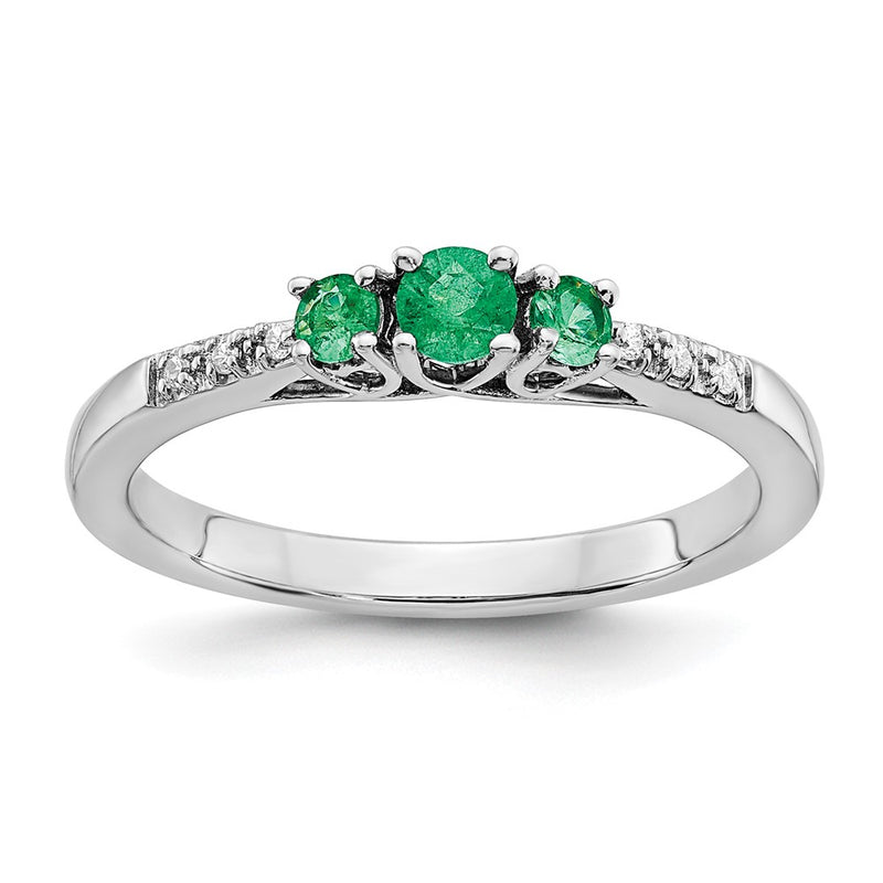 14k White Gold Emerald and Real Diamond 3-stone Ring