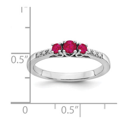 14k White Gold Ruby and Real Diamond 3-stone Ring