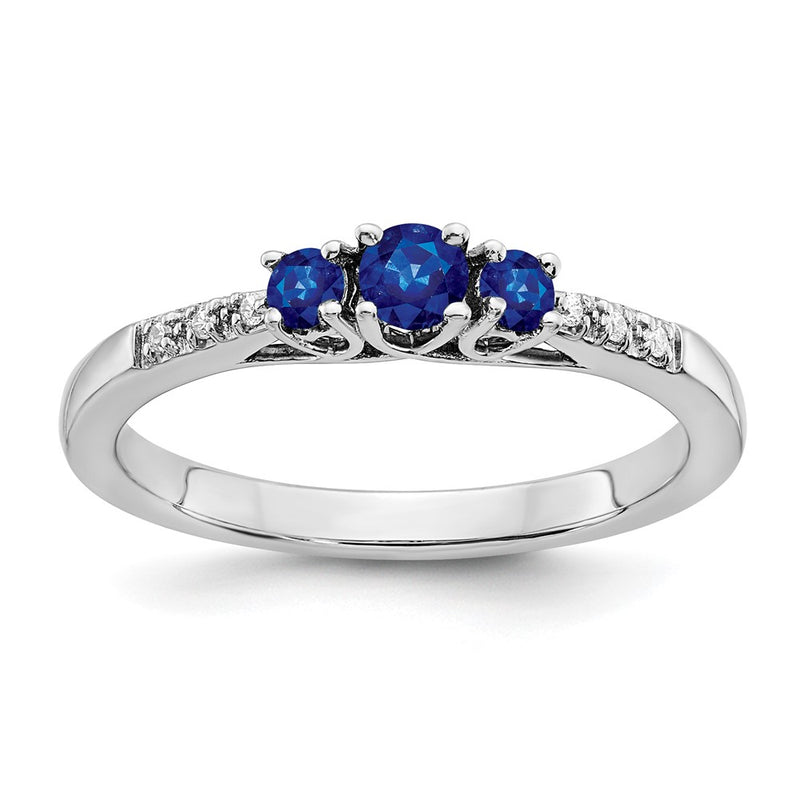 14k White Gold Sapphire and Real Diamond 3-stone Ring