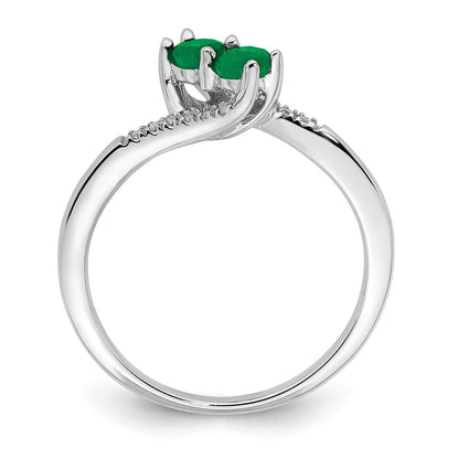 14k White Gold Emerald and Real Diamond 2-stone Bypass Ring