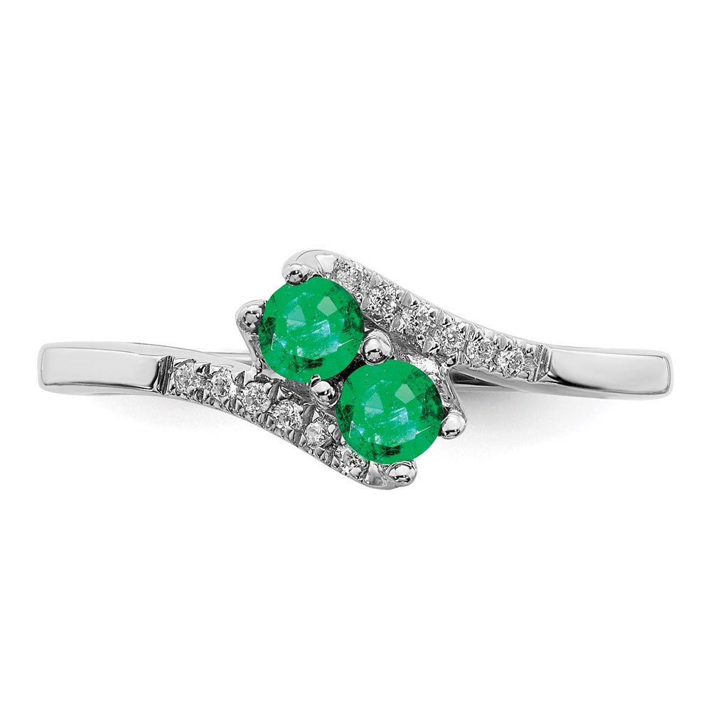 Solid 14k White Gold Simulated Emerald and CZ 2-stone Bypass Ring