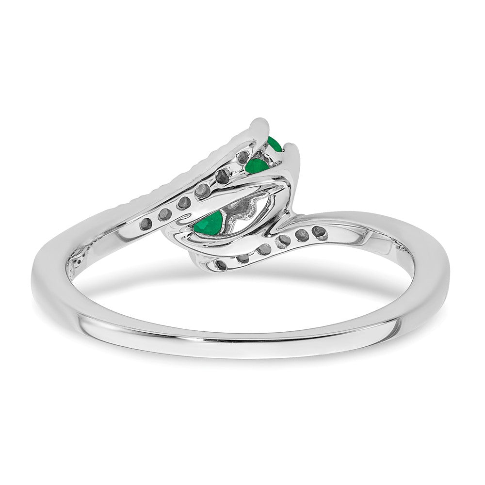 14k White Gold Emerald and Real Diamond 2-stone Bypass Ring