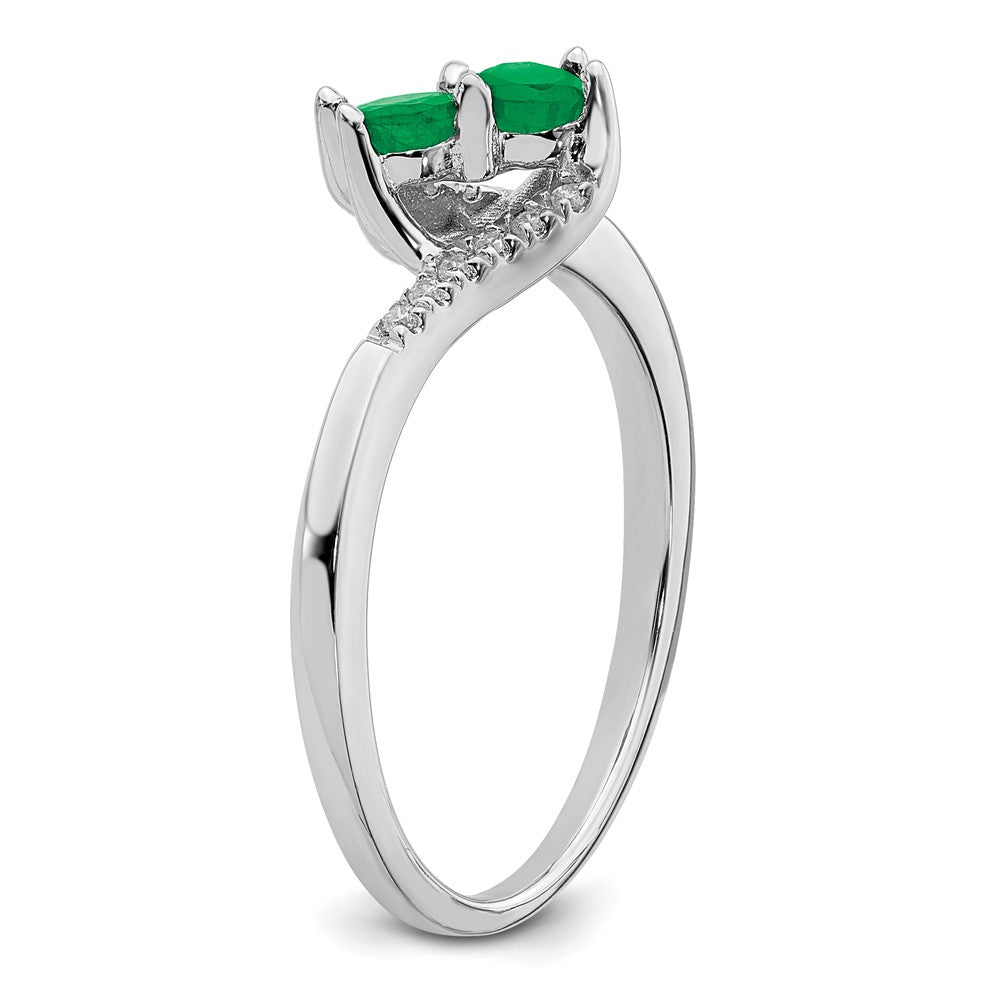 Solid 14k White Gold Simulated Emerald and CZ 2-stone Bypass Ring