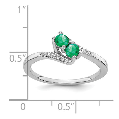 14k White Gold Emerald and Real Diamond 2-stone Bypass Ring