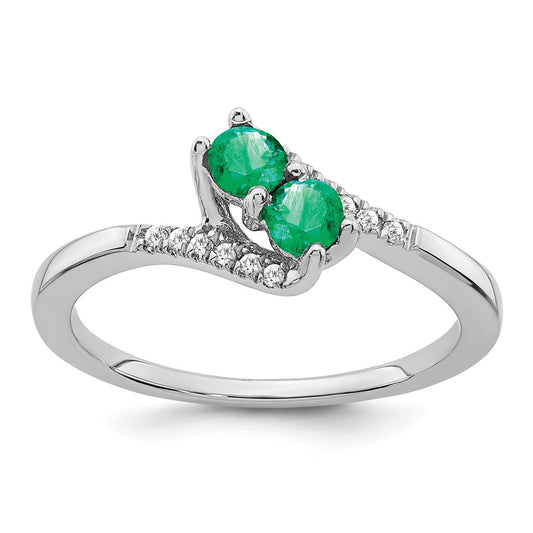 Solid 14k White Gold Simulated Emerald and CZ 2-stone Bypass Ring