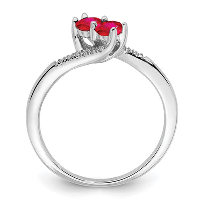 Solid 14k White Gold Simulated Ruby and CZ 2-stone Bypass Ring