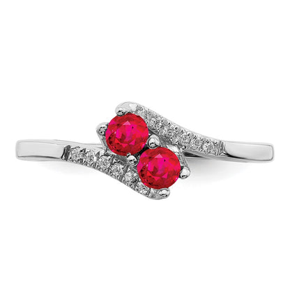 Solid 14k White Gold Simulated Ruby and CZ 2-stone Bypass Ring