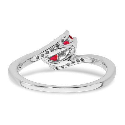 Solid 14k White Gold Simulated Ruby and CZ 2-stone Bypass Ring