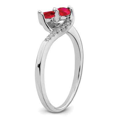 Solid 14k White Gold Simulated Ruby and CZ 2-stone Bypass Ring