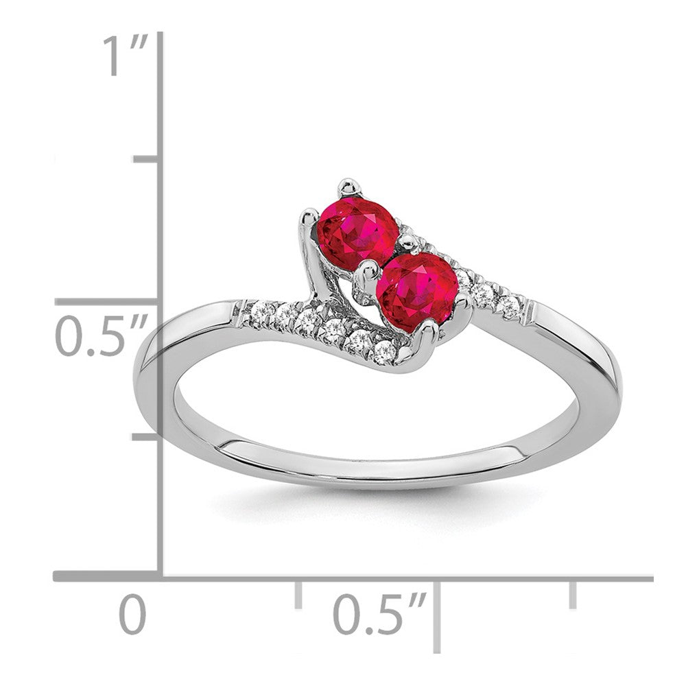 Solid 14k White Gold Simulated Ruby and CZ 2-stone Bypass Ring