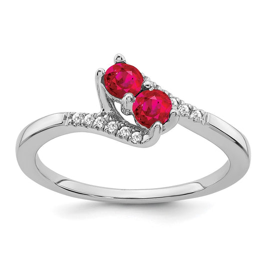 Solid 14k White Gold Simulated Ruby and CZ 2-stone Bypass Ring