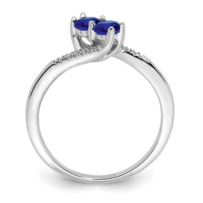 Solid 14k White Gold Simulated Sapphire and CZ 2-stone Bypass Ring