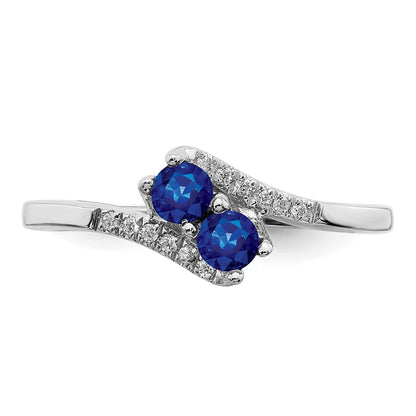 Solid 14k White Gold Simulated Sapphire and CZ 2-stone Bypass Ring