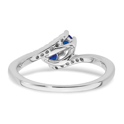 Solid 14k White Gold Simulated Sapphire and CZ 2-stone Bypass Ring
