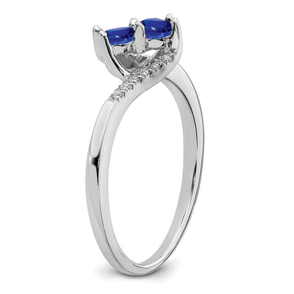 Solid 14k White Gold Simulated Sapphire and CZ 2-stone Bypass Ring