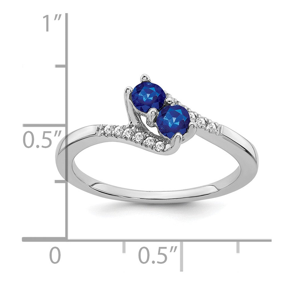 Solid 14k White Gold Simulated Sapphire and CZ 2-stone Bypass Ring
