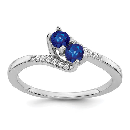 Solid 14k White Gold Simulated Sapphire and CZ 2-stone Bypass Ring