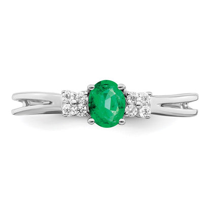 14k White Gold Oval Emerald and Real Diamond Ring