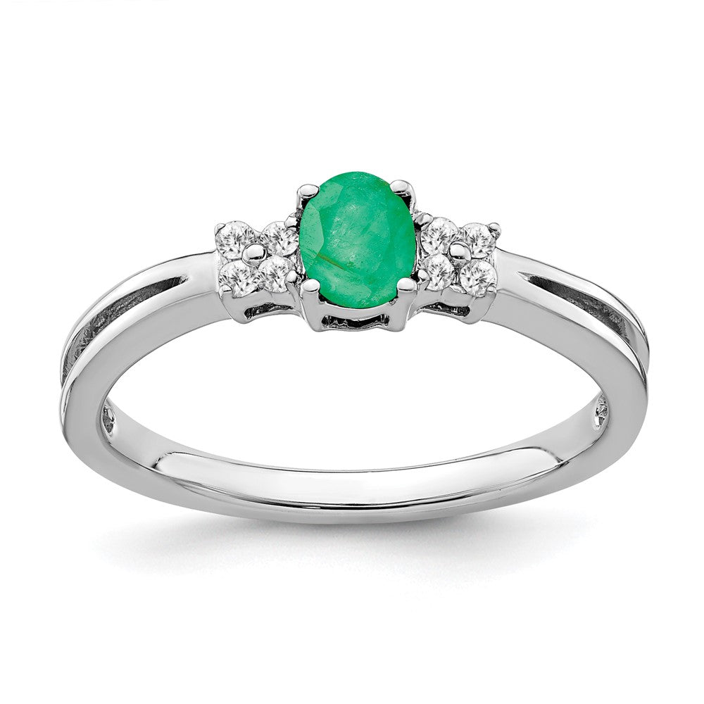 14k White Gold Oval Emerald and Real Diamond Ring