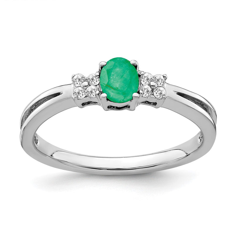 14k White Gold Oval Emerald and Real Diamond Ring