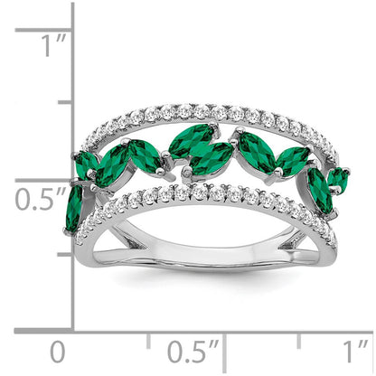 14k White Gold Marquise Created Emerald and Real Diamond Ring