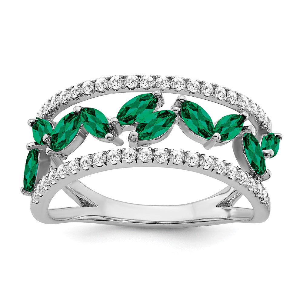 14k White Gold Marquise Created Emerald and Real Diamond Ring