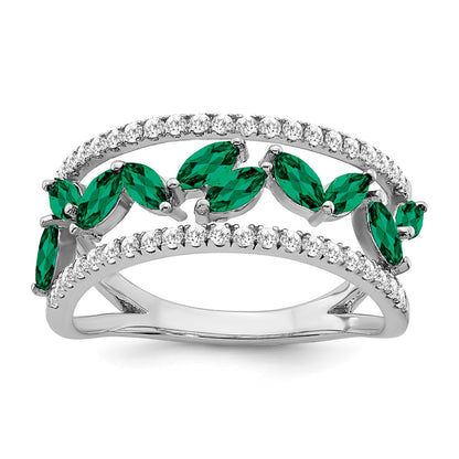 14k White Gold Marquise Created Emerald and Real Diamond Ring