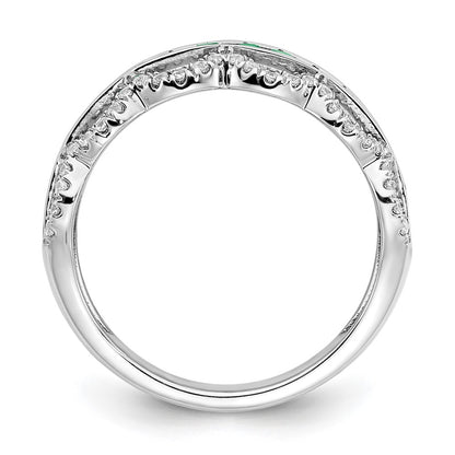 14k White Gold Created Emerald and Real Diamond Scallop Ring