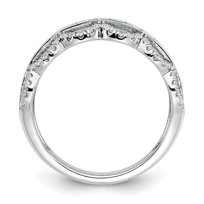 14k White Gold Created Emerald and Real Diamond Scallop Ring