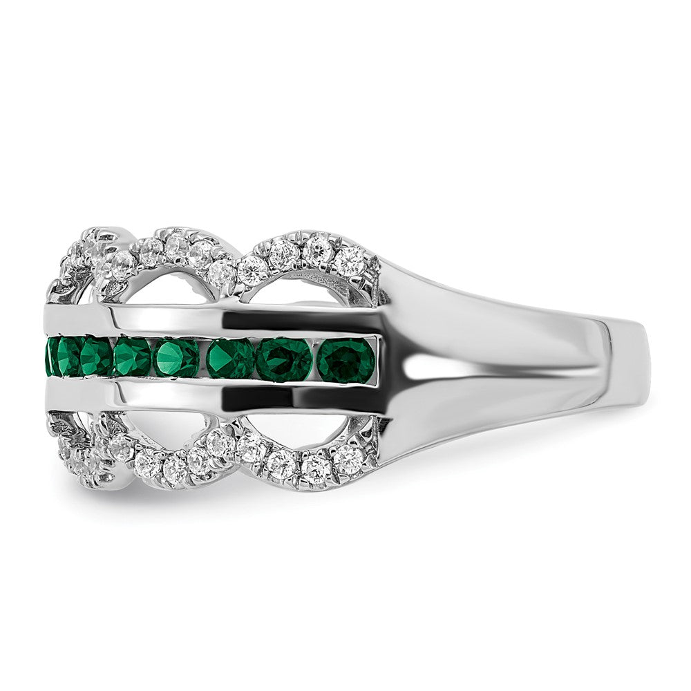 14k White Gold Created Emerald and Real Diamond Scallop Ring