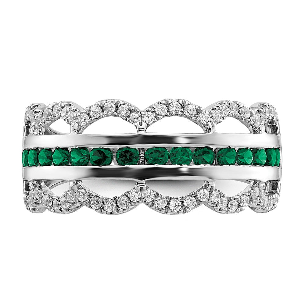 14k White Gold Created Emerald and Real Diamond Scallop Ring