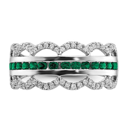 14k White Gold Created Emerald and Real Diamond Scallop Ring