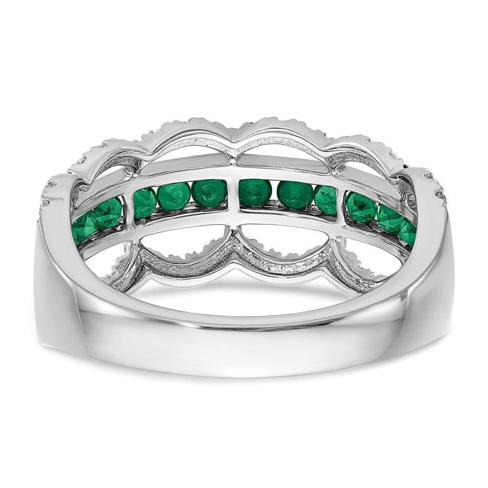 14k White Gold Created Emerald and Real Diamond Scallop Ring