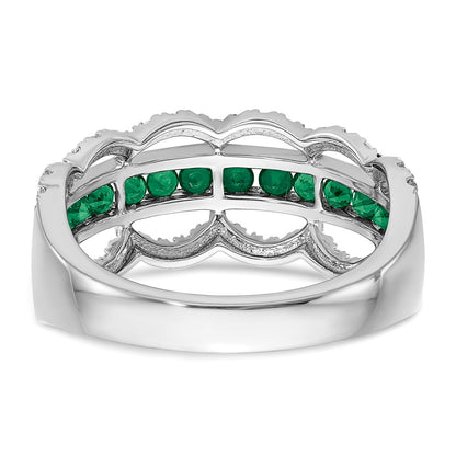 14k White Gold Created Emerald and Real Diamond Scallop Ring