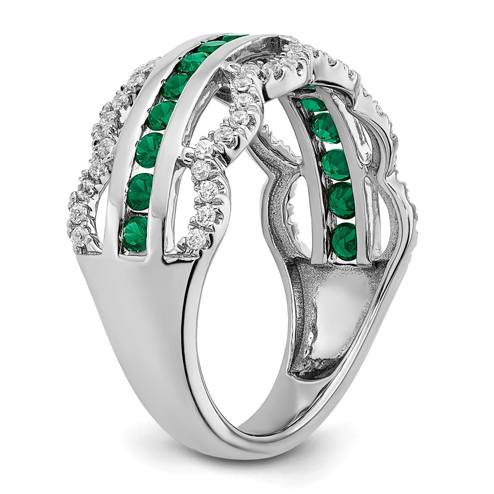 14k White Gold Created Emerald and Real Diamond Scallop Ring