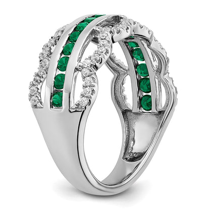 14k White Gold Created Emerald and Real Diamond Scallop Ring