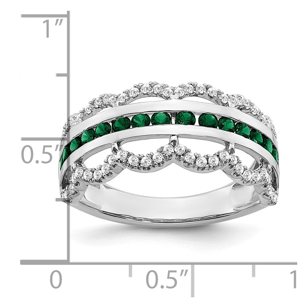 14k White Gold Created Emerald and Real Diamond Scallop Ring
