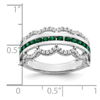 14k White Gold Created Emerald and Real Diamond Scallop Ring