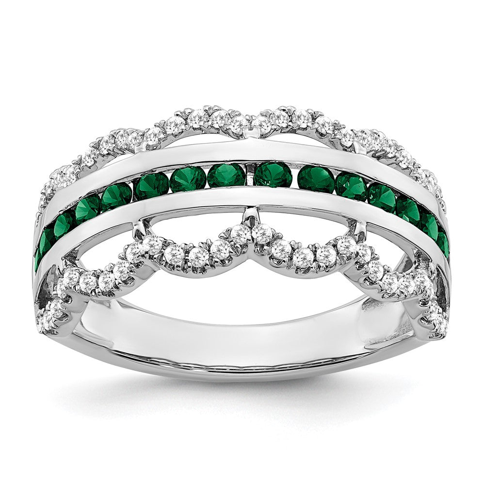 14k White Gold Created Emerald and Real Diamond Scallop Ring