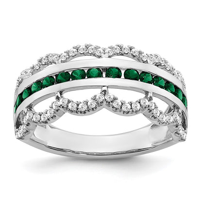 14k White Gold Created Emerald and Real Diamond Scallop Ring