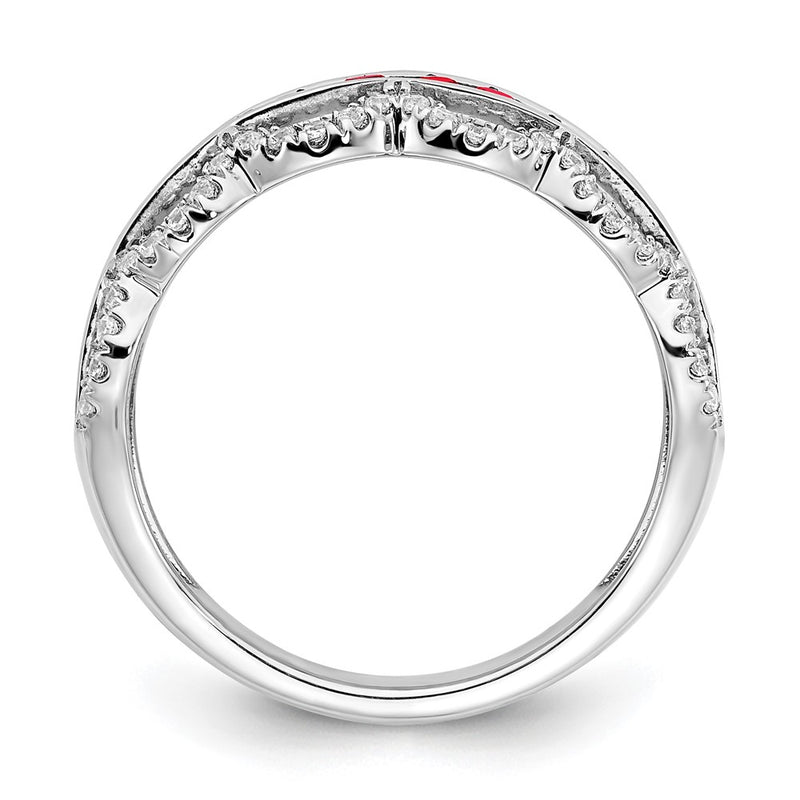 14k White Gold Created Ruby and Real Diamond Scallop Ring