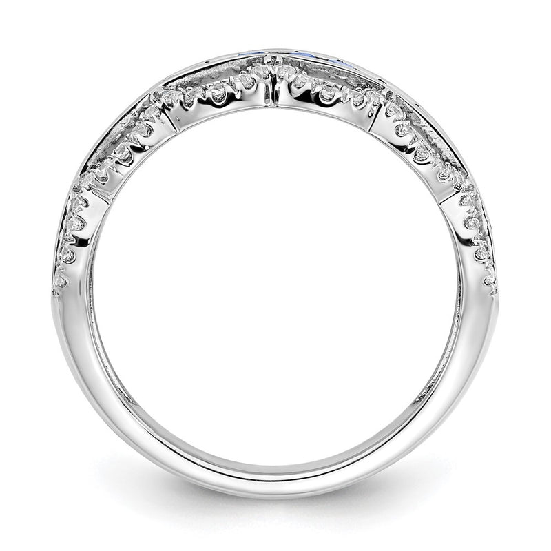14k White Gold Created Sapphire and Real Diamond Scallop Ring